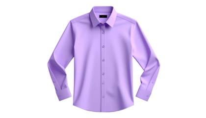 A vibrant, lilac-colored, long-sleeved dress shirt is displayed against a stark black backdrop, showcasing a smooth texture and classic button-down style.