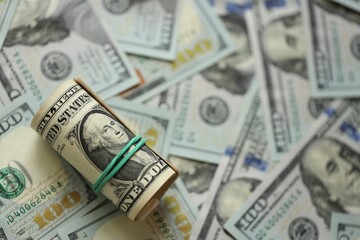 Money close up. A roll of one American dollars on 100 USD banknotes