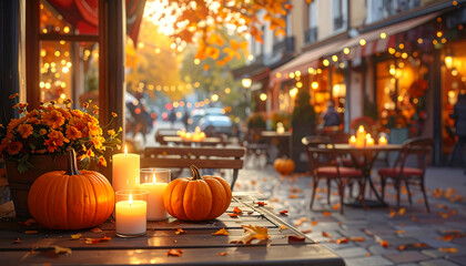 Obraz premium Autumn Cafe Scene with Pumpkins.