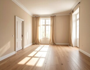 Empty beige room with large windows and wooden floor