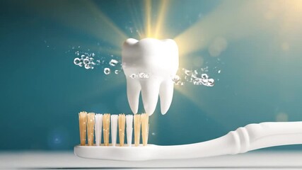 A pristine, glowing tooth, encircled by sparkling water, gracefully floats above a clean toothbrush, symbolizing optimal oral hygiene and effective dental care. - Powered by Adobe
