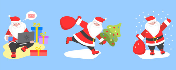 Set of cartoon vector illustrations of Santa Claus. Happy Santa with gift, bag with presents and a laptop. Funny and cute character