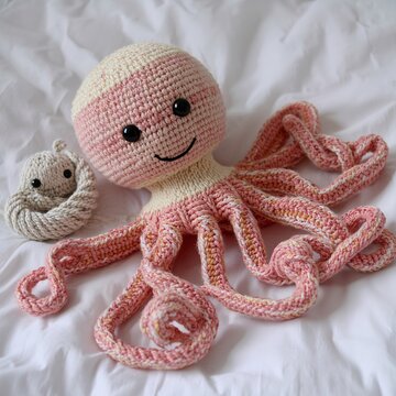 Colorful Handmade Knitted Octopus Plush Toy Made of Yarn Placed on Baby Bed Nursery Decoration
