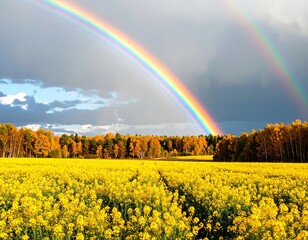 A vibrant rainbow arches over a field of yellow flowers under a dramatic sky