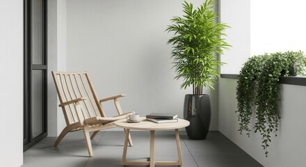 Modern minimalist balcony with wooden chair table and plants for relaxation and inspiration