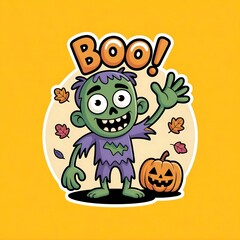 Cute Cartoon Zombie Waving with Pumpkin and Boo Text