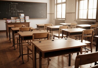 Students' desks and chairs are neatly arranged
