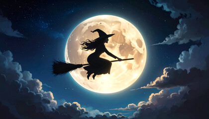 Witch Flying on Broomstick Silhouette.
