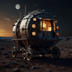 The moon module, a whimsically retro contraption straight out of a sci-fi film noir, stands out in stark contrast against the lunar landscape. This intricately detailed and beautifully lit photograph 