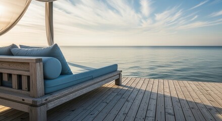 Seaside relaxation retreat with ocean view and luxurious wooden daybed scene serenity