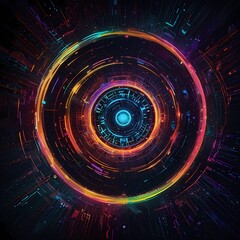 Within the confines of a luminous, ever-shifting algorithm, a cryptic ultra-modern magic spell pulsates with data streams and electric currents. The central focus of the image is a swirling vortex 
