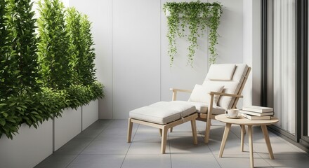 Modern balcony setting with comfortable chair plants and serene natural light atmosphere