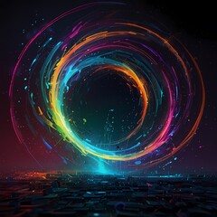 Within the confines of a luminous, ever-shifting algorithm, a cryptic ultra-modern magic spell pulsates with data streams and electric currents. The central focus of the image is a swirling vortex 