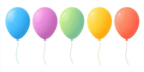 Colorful flat vector illustration of five cute balloons in different bright colors spaced apart on a clean white background