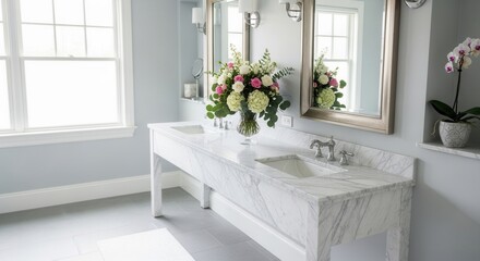 Elegant and bright bathroom interior featuring marble countertop and floral arrangement providing