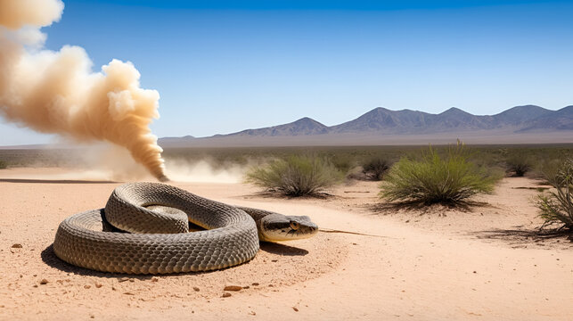 A rattlesnake is coiled on a desert landscape while a massive dust devil spins fiercely in the background - Powered by Adobe