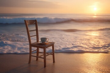 Sunset over the ocean creates a peaceful scene with a chair and cup on the shore