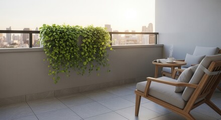 Balcony with green plants overlooking the city skyline offering relaxation and tranquility