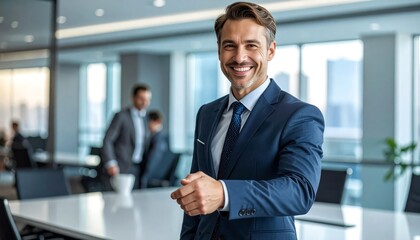 Confident businessman offering handshake in modern office space