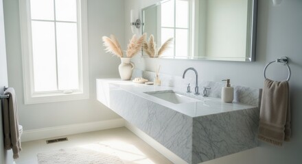 Modern bathroom interior with marble countertop and natural light creates a serene space