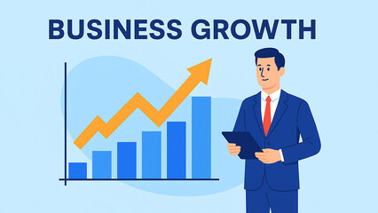 Flat-style digital illustration showing a businessman with a tablet standing next to a rising growth chart. Concept of success, corporate growth, and financial progress.