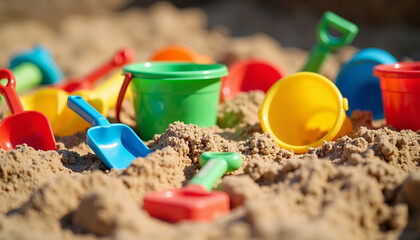 Colorful Sand Toys Scattered in Sand for Childhood Memories, Summer Activities, Beach Fun, Playtime Blogs, Educational Crafts, and Kids' Party Ideas