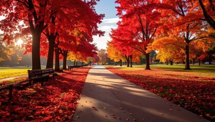 Autumnal pathway lined with vibrant red and yellow trees