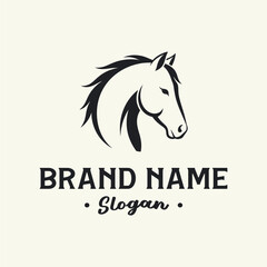 A classic black and white logo featuring a stylized horse head with a flowing mane, positioned above placeholder text for a brand name and slogan.