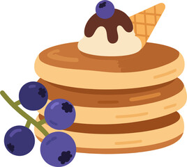 Flat Blueberry Pancake Stack Vector with Ice Cream and Waffle Cone – Minimalist Cartoon Breakfast