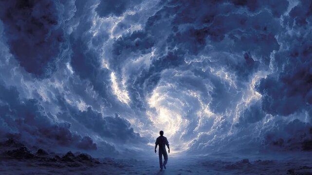 Man walking towards a light portal surrounded by swirling clouds with an ominous blue tone