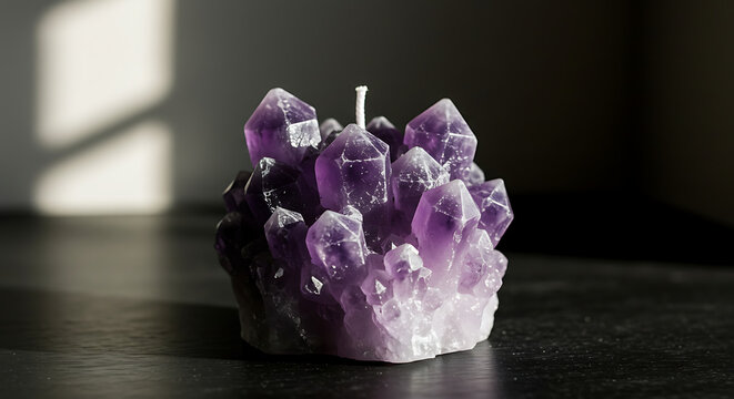 Purple Amethyst Crystal Cluster Candle with Realistic Druzy Geode Texture for Spiritual Home Decor Zen Wellness Atmosphere and Healing Stone Inspired Wax Art