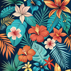 Tropical flower and leaf seamless pattern
