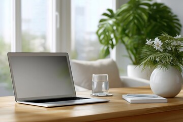 Fototapeta premium Modern home office interior with laptop and green plants on wooden desk