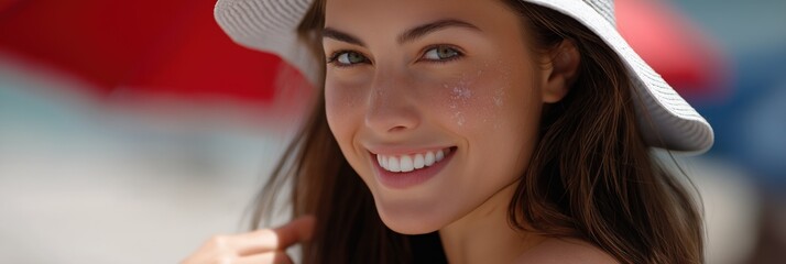 Smiling young caucasian female in sun hat at beach with red umbrellas