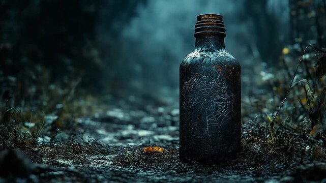 Mysterious Old Bottle Discovered in a Dark Eerie Forest.