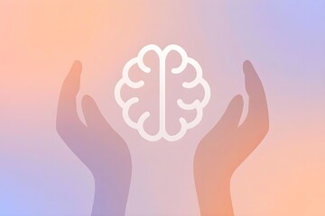 Obraz premium World Mental Health Day Awareness Visual – Brain Symbol, Caring Hands, Pastel Gradient Silhouette Concept