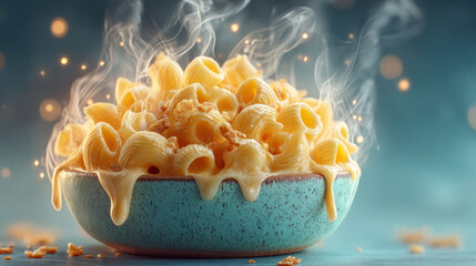 Comfort food concept. Creamy macaroni and cheese in blue bowl with steam rising, creating warm and inviting atmosphere