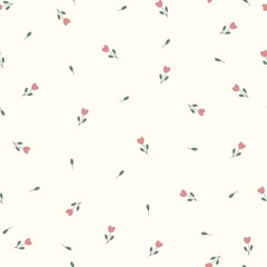 Small tulips and leaves on white background, seamless pattern. Vector illustration with flowers for wrapping paper, fabric.