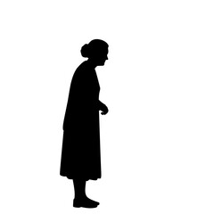 Silhouette of elderly woman standing, simple black shape representing aging, retirement, dependence, and social care. Ideal for healthcare and social design themes