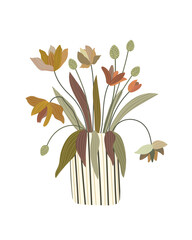 Hand drawn pattern with tulips and leaves in vase, vase with lines and different colors tulips. Vector illustration with flowers and leaves on white background.	