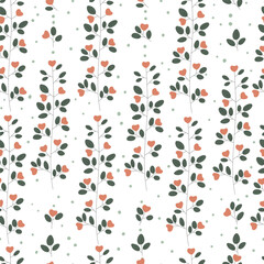 Pattern with flowers, branch-shaped leaves and dots. Seamless floral pattern.