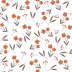Orange flowers, berries and leaves on white background. Vector illustration with hand drawn flowers and leaves, seamless pattern for wrapping paper, wallpaper, card, fabric.