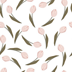 Seamless pattern with pink tulips on white background. Vector illustration with cute flowers and leaves for wrapping paper, wallpaper, fabric, card.