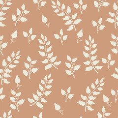 Seamless pattern with  leaves and brown berries on brown background, monochrome pattern.