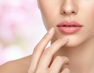 Obraz premium Close-up of a woman's face, highlighting her lips and hand touching her chin.