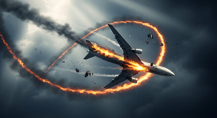 A catastrophic aviation emergency with a passenger plane on fire and spiraling downwards