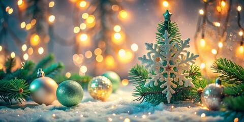 Festive christmas scene with ornaments, snowflake and lights creating a cozy holiday atmosphere