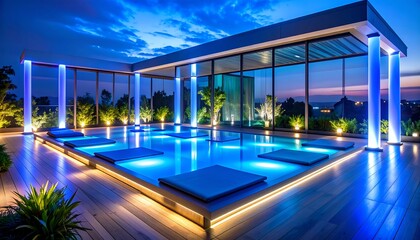 Modern Pool with Blue Lighting at Dusk with Outdoor Deck and City View