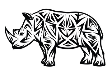 Striking rhino stands powerfully outlined with bold tribal pattern against the clear white backdrop