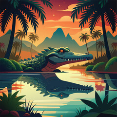 A large crocodile rests in a tropical lagoon at sunset